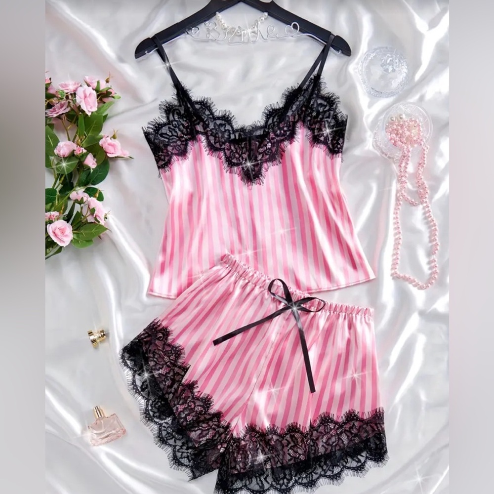 Brand new women’s pajama set, pink stripes, camisole shorts, black eyela… - Picture 4 of 8